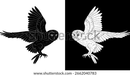 Two stylized owls in dynamic flight, one black against a white background and one white against a black background, illustrating a striking contrast.