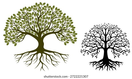 Two stylized trees are presented side-by-side on a white background. The left image depicts a vibrant green tree with detailed leaves and extensive root system. The right image is a solid black silhouette of a similar tree, emphasizing its structure and form.