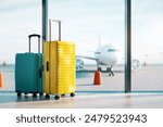 Two suitcases at an airport terminal, blue sky and plane in the background, concept of travel. 3D Rendering