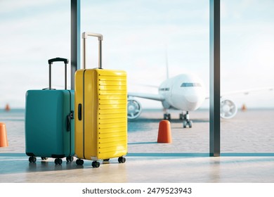 Two suitcases at an airport terminal, blue sky and plane in the background, concept of travel. 3D Rendering