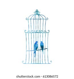 Two swallows in a cage drawing by blue watercolor, hand painted birds silhouettes