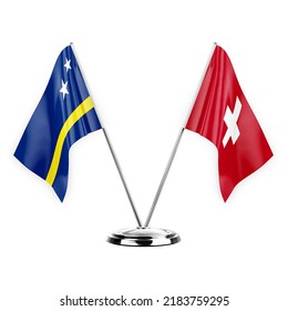 Two table flags isolated on white background 3d illustration, curacao and switzerland