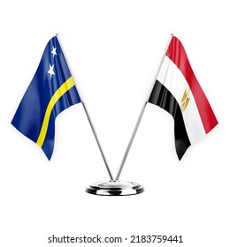 Two table flags isolated on white background 3d illustration, curacao and egypt