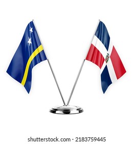 Two table flags isolated on white background 3d illustration, curacao and dominican republic