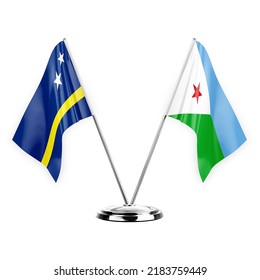 Two table flags isolated on white background 3d illustration, curacao and djibouti