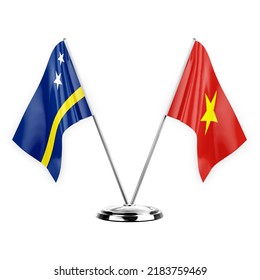 Two table flags isolated on white background 3d illustration, curacao and vietnam
