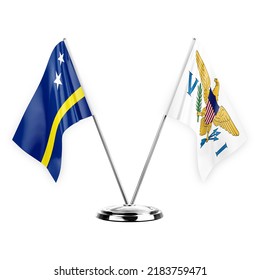 Two table flags isolated on white background 3d illustration, curacao and virgin islands