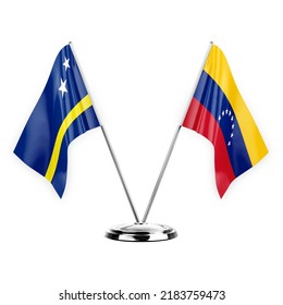 Two table flags isolated on white background 3d illustration, curacao and venezuela