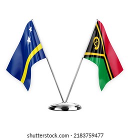Two table flags isolated on white background 3d illustration, curacao and vanuatu