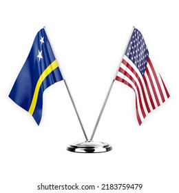 Two table flags isolated on white background 3d illustration, curacao and usa