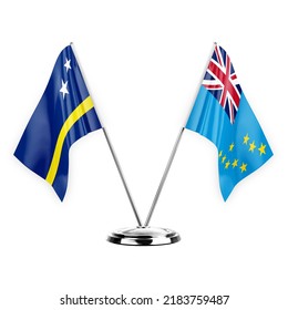 Two table flags isolated on white background 3d illustration, curacao and tuvalu