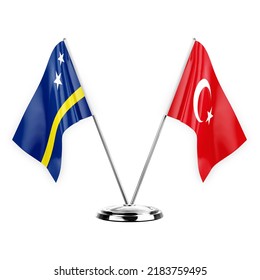 Two table flags isolated on white background 3d illustration, curacao and turkey