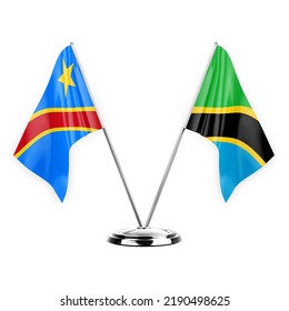 Two table flags isolated on white background 3d illustration, dr congo and tanzania