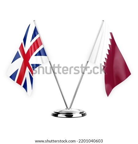Two table flags isolated on white background 3d illustration, great britain and qatar
