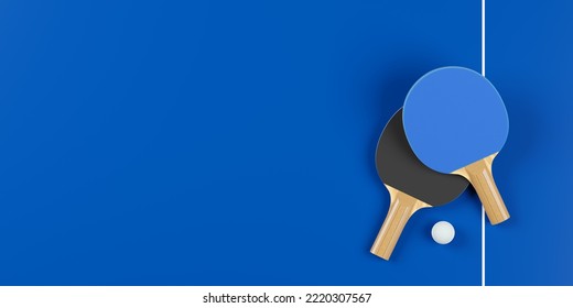 Two Table Tennis Or Ping Pong Paddles Or Rackets With Table Tennis Ball On Blue Table Background Flat Lay Top View From Above With Copy Space, 3D Illustration