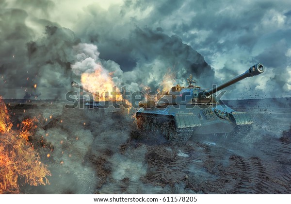 戦場に戦車2台 背景にタンクタワーが破損しています 軍事3dイラスト のイラスト素材