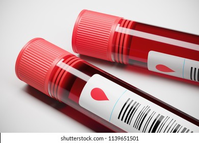 Two Test Tube Of Red Blood Isolated On A Light Background. Close Up. 3d Rendering