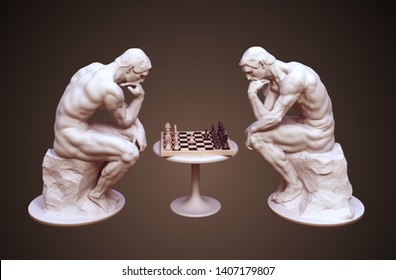 Two Thinkers Pondering The Chess Game On Brown Background. 3D Illustration.
