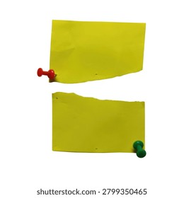 Two torn yellow sticky notes are affixed to a black background with a red and a green pushpin.