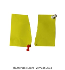 Two torn yellow sticky notes are affixed to a black surface with red and silver pushpins. The style is a
