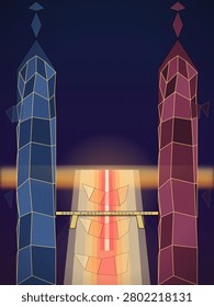 Two towering crystalline obelisks in deep blue and rich magenta flank a glowing horizontal beam of light against a dark twilight background, creating a mystical and otherworldly atmosphere.