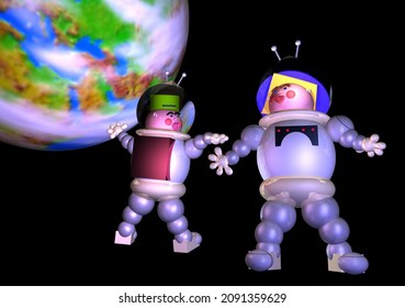 Two toy astronauts, dressed in space suits, fly in outer space around the Earth.  3D rendering.