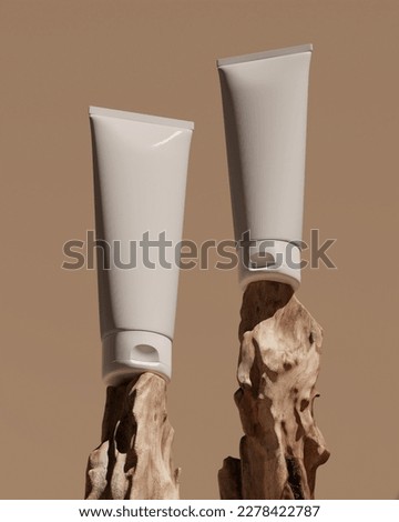 Two tubes of sunscreen placed on a log in a warm scene. Clipping path of each element included. 3D rendering illustration.