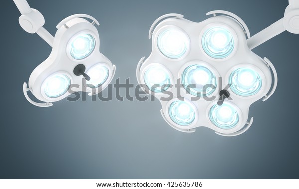 Two turned on medical lamps on grey background.\
3D Rendering