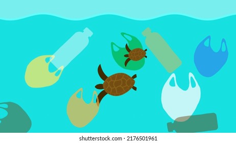 Two Turtle Passing Through Plastic Bags And Bottle In Ocean. Concept For Pollution, Climate Change, And Reduce Plastic Use.