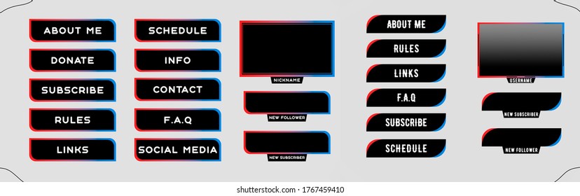 Two twitch sets of modern red-blue gaming panels and overlays for live stream. Design alerts and buttons. 16:9 and 4:3 screen resolution. Design for stream on Twitch and Youtube