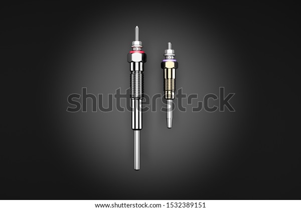 Two types of auto parts glow\
plug on a dark background. Spare part for the car engine. 3d\
rendering
