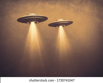 Two UFOs flying in fog with light below. 3D illustration monochromatic sepia-toned old-time photography. Concept image with blank space below the UFOs for texts and image.