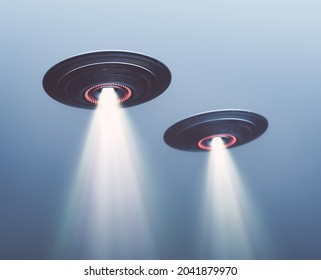 Two UFOs flying in fog with light below. 3D illustration, concept image UFOs on the sky.
