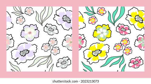 Two variants of the same seamless floral composition on white background. Large pansies and leaves with black outlines. Pattern for textile, fabric print, wrapping, cover. Retro style.