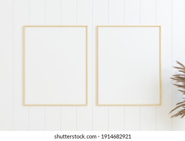 Two Vertical 8x10 boho style wood frame mockup . Double Wood frame poster on a white wall with plant . 3D illustrations.