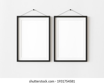 Two Vertical Blank Picture Frame For Photographs. Isolated Black Picture Frame Mockup Template On White Background. 3D Illustration