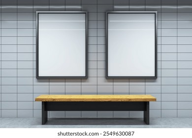 Two vertical blank posters with black frames on a tiled wall in a modern interior. A wooden bench is placed below. Empty space for advertising. 3D Rendering.