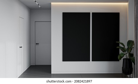 Two Vertical Diptych Frames For Paintings In Galleries, Exhibitions Or Museums Room. Gray Walls Space Minimalism Style. Mock Up For Art, Pictures. 3d Rendering