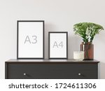 Two vertical empty A3 and A4 frames on white wall with black dresser, green plant in brown glass vase - close up image. 3D rendering.