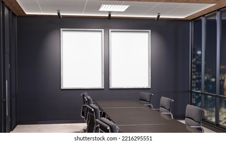 Two Vertical Frames Mockup Hanging In Dark Office Meeting Room. Mock Up Of Billboards In Modern Company Interior 3D Rendering