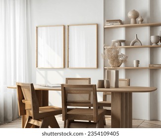 Two vertical ISO A1 frame mockup, reflective glass, mockup poster on the wall of dinning room. Interior mockup. Apartment background. Modern Japandi interior design. 3D render