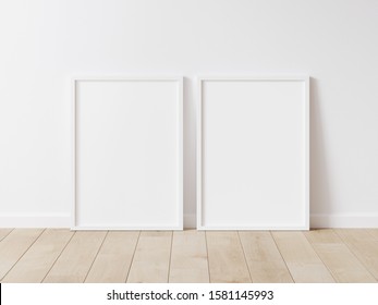 Two vertical wood frame mock up. Two mock up poster on wooden floor 3D illustrations.