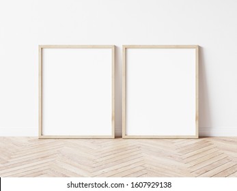 Two Vertical Wooden Frame Mockup. Two Mock Up Poster On Wooden Floor. 2 Frame 3d Illustrations.