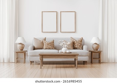Two vertical wooden frames mockup in traditional cozy living room with sofa, decorated coffee table, symmetric lamps and curtains. Classical and beautiful home design. 3d rendering.