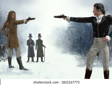 Two victorian men facing each other in a duel with flintlock pistols, in a barren winter landscape, 3d render.