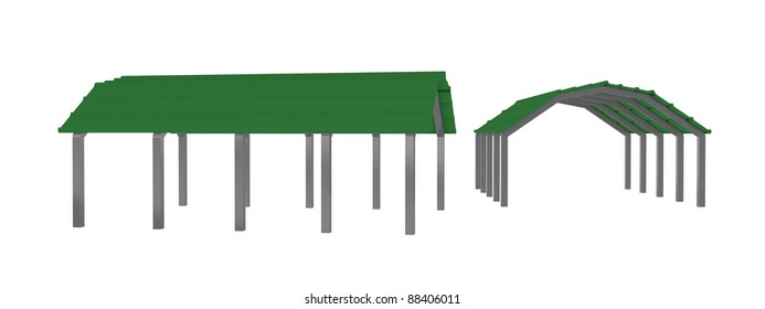 Two Views Of A Green Sheet Metal Carport On Metal Arched Frames