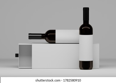 Two vine bottles with white labels and packaging gift box on white background. 3d illustration.