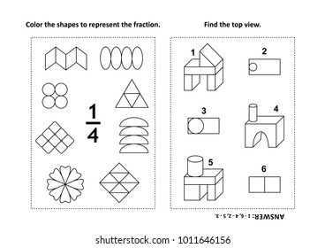 Two Visual Math Puzzles And Coloring Pages. Color The Shapes To Represent The Fraction. Find The Top View. Black And White. Answers Included.