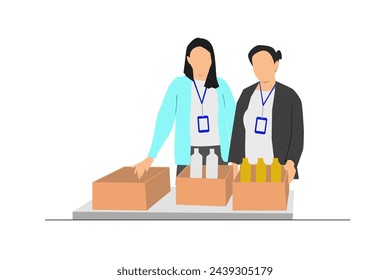 Two volunteers are sorting donated drinks. Volunteers stand next to the table, the donation box on the table. Voluneteers wear ID cards. - Powered by Shutterstock