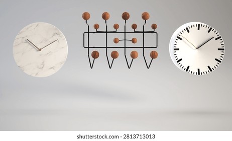Two wall clocks with different designs and a decorative wall art piece mounted on a light gray wall, showcasing contemporary home decor elements.